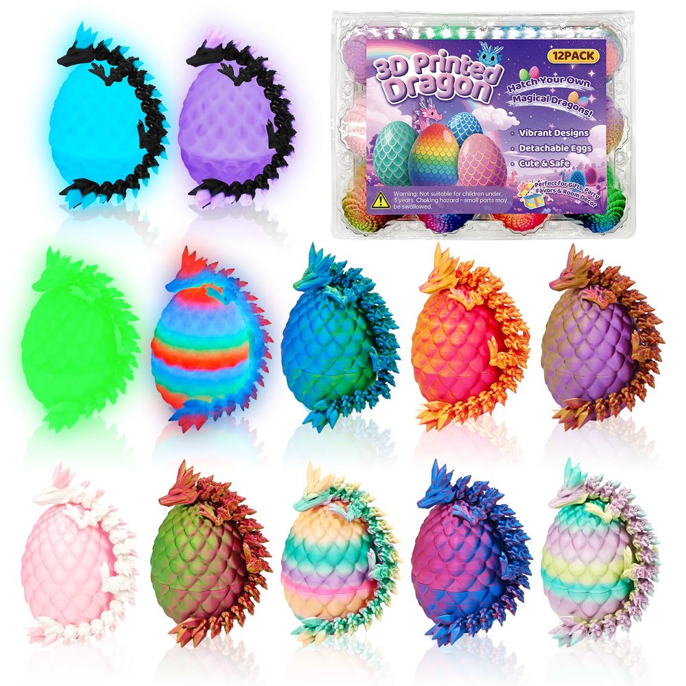 CHolic 12PCS 3D Printed Dragon Eggs with Dragon Inside, Mini Dinosaur Eggs Articulated Crystal Animal Fidget Toy for Party Decor, Brithday Gift, Halloween