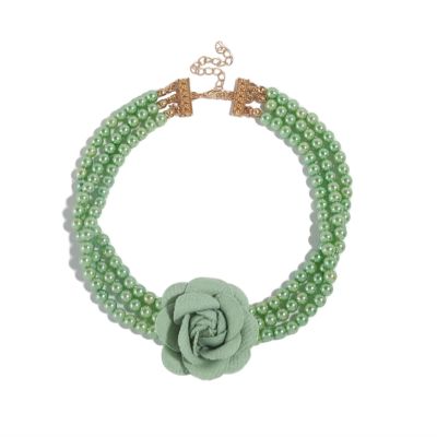 Bohemian Multi Layered Pearl Necklace With Floral Collarbone Chain For Women,green,36+7cm