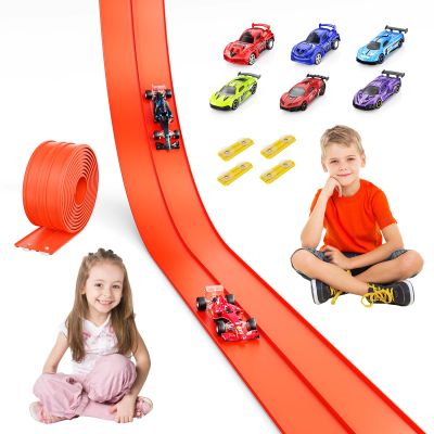 Flexible Race Car Track 15 Ft, Compatible with Hot Wheels & Diecast 1/64th Car, with 8 Small Race Cars & Suction Cups for Ages 3+ Kids (Orange)