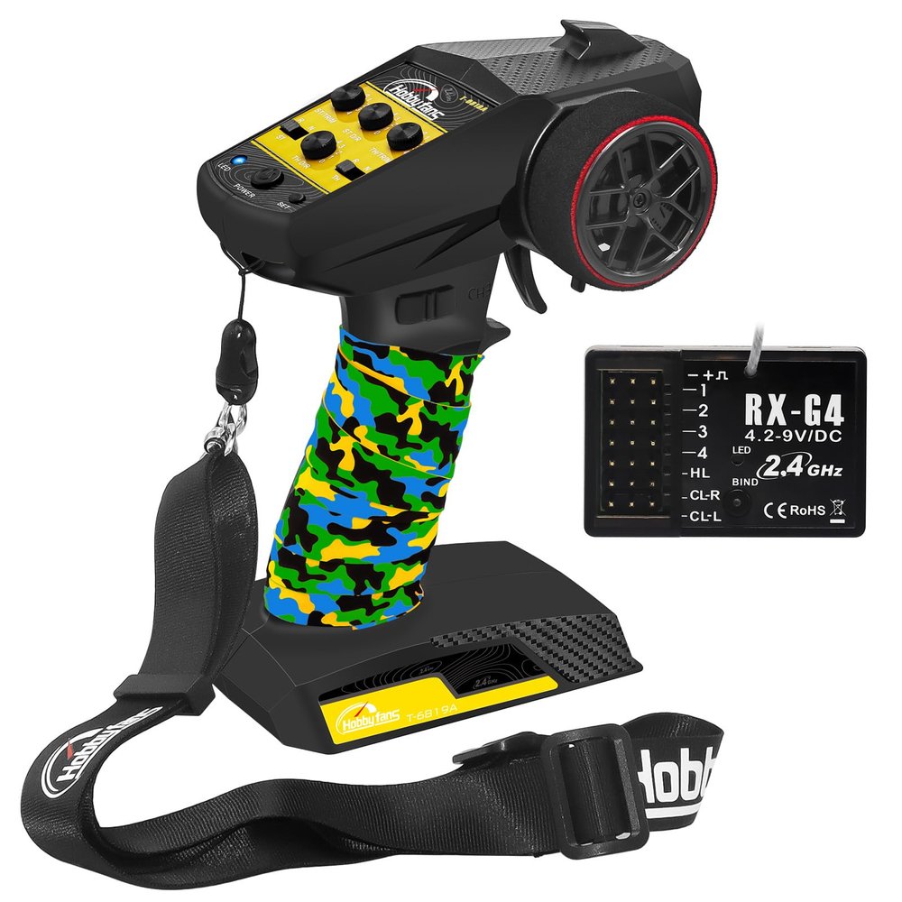 Hobby Fans RC Radio System 4CH 2.4G RC Transmitter with Receiver and Lanyard & Sweat Absorbed Non-Slip Band Anti-Jamming Remote Controller for 1/10 1/12 1/14 1/16 1/18 1/24 RC Car Crawler Boat, Yellow
