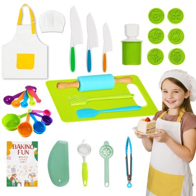 VONTIQUE 32 pcs Kids Cooking&Kids Baking Setsfor Real Cooking BakingMontessori Kitchen Tools for Toddlerswith Chef's hat and Apron, A Role-Playing Gift for Boys and Girls Aged 3+ Years Old