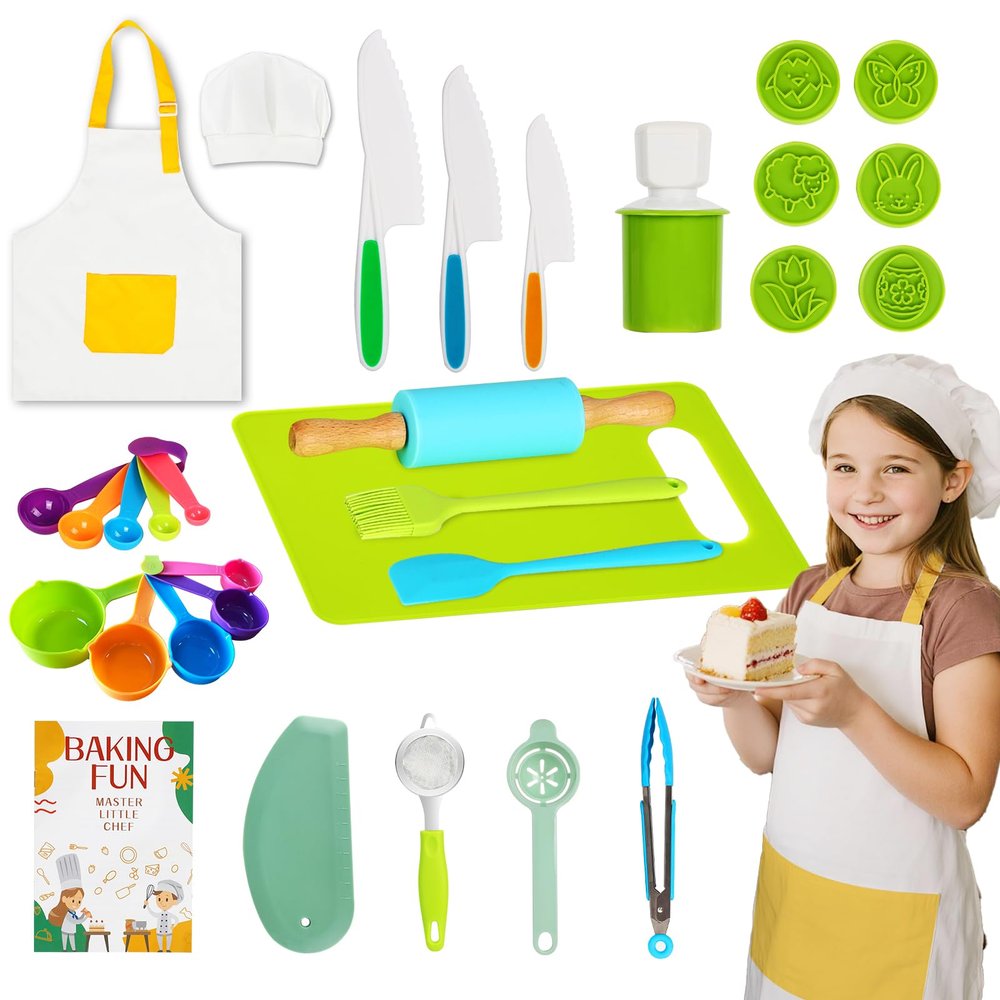 VONTIQUE 32 pcs Kids Cooking&Kids Baking Setsfor Real Cooking BakingMontessori Kitchen Tools for Toddlerswith Chef's hat and Apron, A Role-Playing Gift for Boys and Girls Aged 3+ Years Old