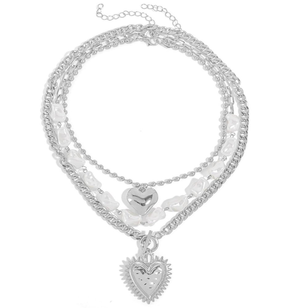 ZYIBPMSJKQCFK Vintage Irregular Multi-Layered Heart-Shaped Pendant Necklace,silvery,39+6.5cm/45.5+6.5cm/52cm