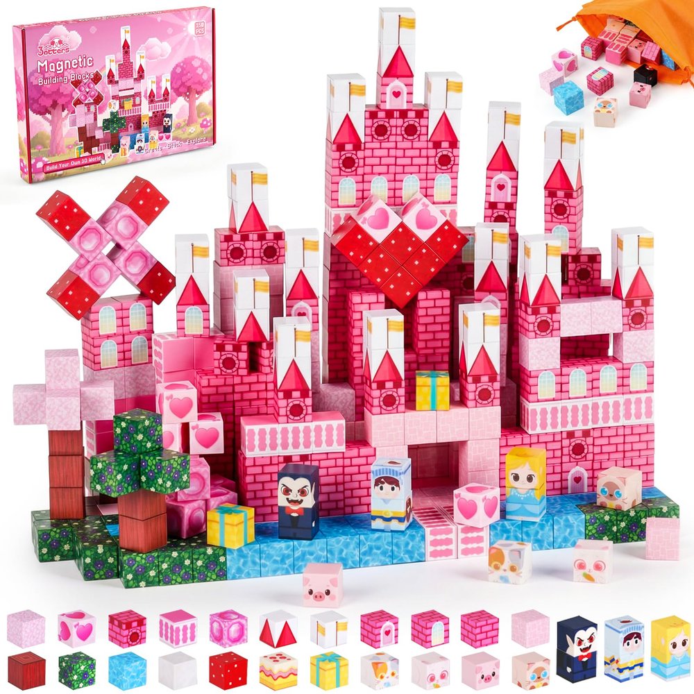 3 otters Magnetic Blocks 150PCS, Princess Castle Magnet Cubes STEM Montessori Building Toys for Girls, Sensory Gifts for Kids Birthday Christmas
