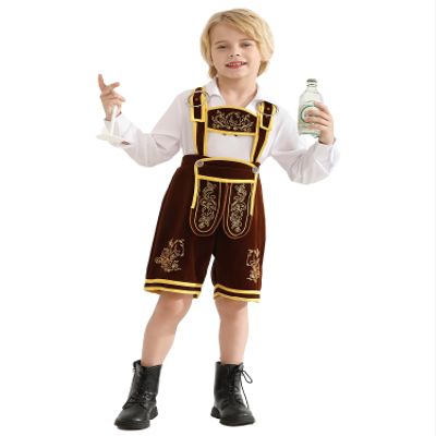 Abaowedding Traditional Bavarian Lederhosen Costume Set, Brown and Gold with White Shirt, Kids Oktoberfest Outfit Halloween Role Play (Brown12-13Y)