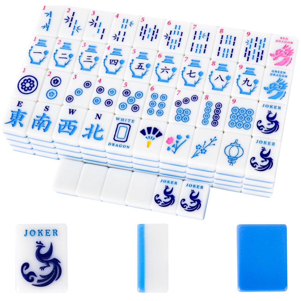 American Mahjong Tile(Only Tiles), 166 Quality Engraved Tiles Blue Backboard, 1.2 inch American Mahjong Game with Carrying Bag/Dice/Chips, Creative Design Patterns, Ideal Mahjong Gifts (No Rack)