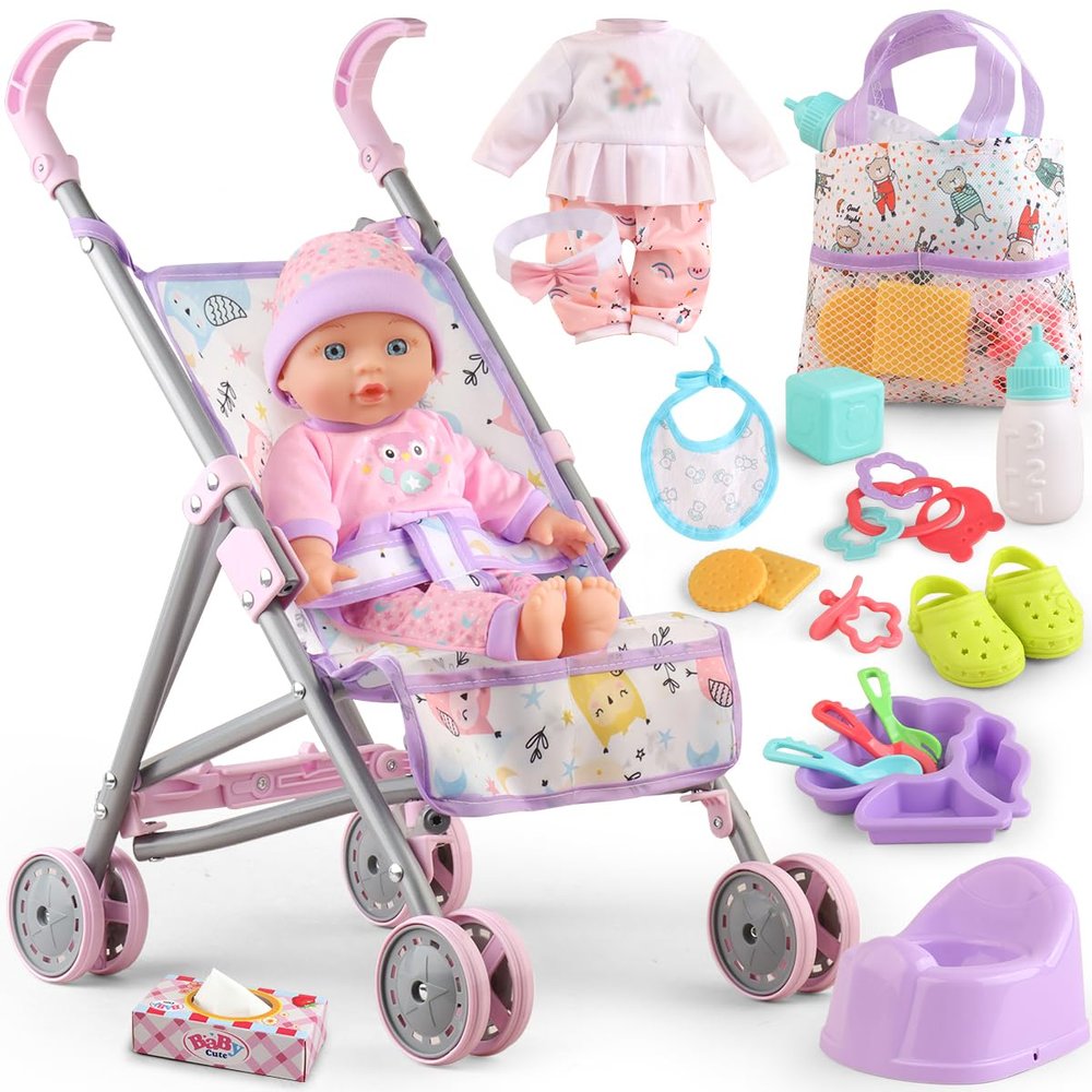Baby Doll with Stroller Set for Realistic Pretend Play for 3 4 5 6 7 Year Old Toddler Girls Gifts. Baby Stroller Toys includes 12.5-inch Baby Dolls, 2 sets Doll Clothes and 17 PCS Doll Accessories