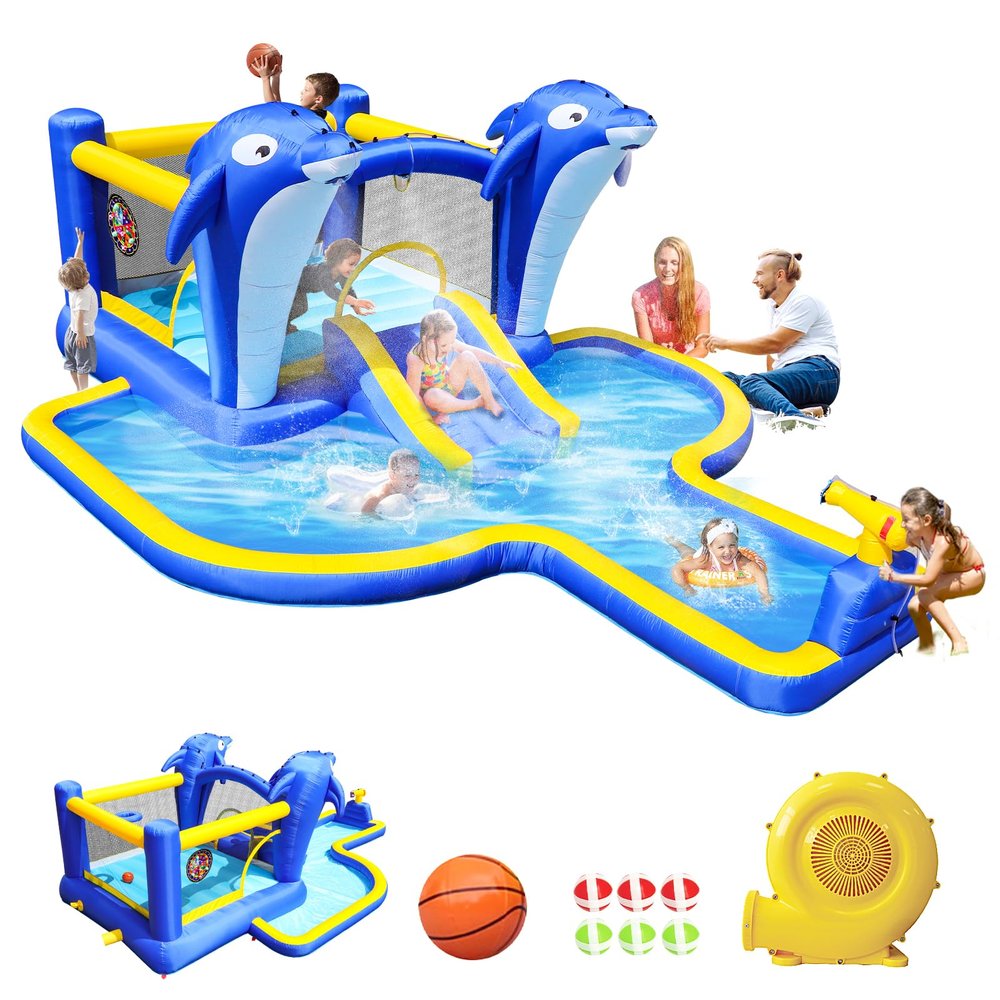 Blue Dolphin Party 8 in 1: Arc Slide+Sprinkling Spray+Trampoline to Create a Garden Water Carnival!