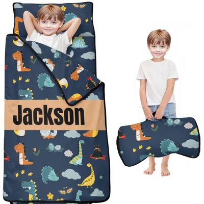 Personalized Dinosaur Nap Mat Set with Name, Sleeping Bag for Boys, Customized Toddler Bed Mattress for Kids, Slumber Bags for Preschool, Daycare or Kindergarten, Toddler Sleep Sack