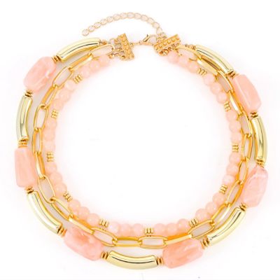 ZYIBPMSJKQCFK Bohemian Multi Layered Stacked Geometric Bead Necklace,pink,40+6.5cm