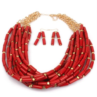 ZYIBPMSJKQCFK Bohemian Acrylic Bead Multi-Layer Necklace For Women,red,53+7cm