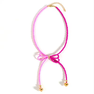Bohemian Rice Bead Bow Pearl Necklace,pink,39+6.5cm