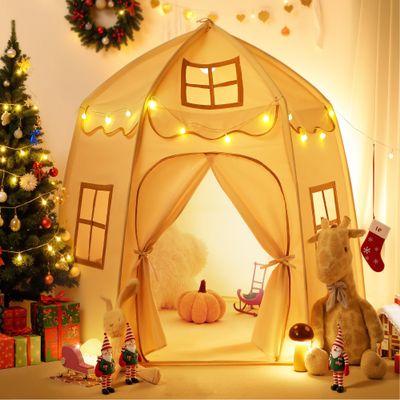 besrey Kids Play Tent, Large Kids Playhouse with 1 Door & 3 Windows, Children's Fort with Star Lights, Indoor & Outdoor Playhouse, Hexagonal Toddler Tent, 61" x31.5" x 51", White