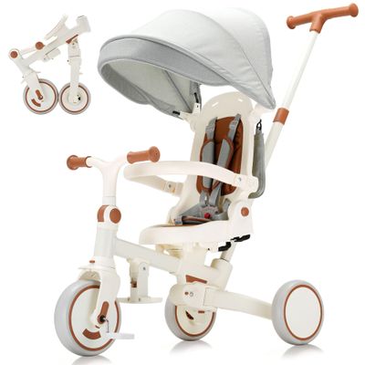 AOPEC 7-in-1 Toddler Tricycle with Parent Push Handle & Canopy, Fully Foldable & Adjustable Stroller, Balance and Pedal Bike for Kids 18 Months to 5 Years,Beige