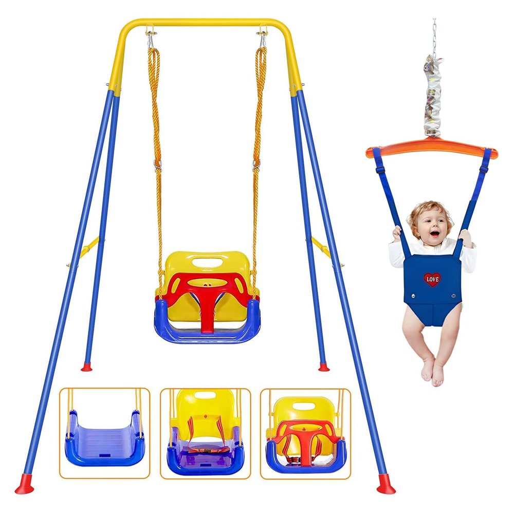 2 in 1 Toddler Swing  Jumper with Frame, Outdoor, Indoor, Baby Swing with Safety Belt for Indoor and Outdoor Use, Foldable Metal Stand & Clear Instructions, Easy to Assemble