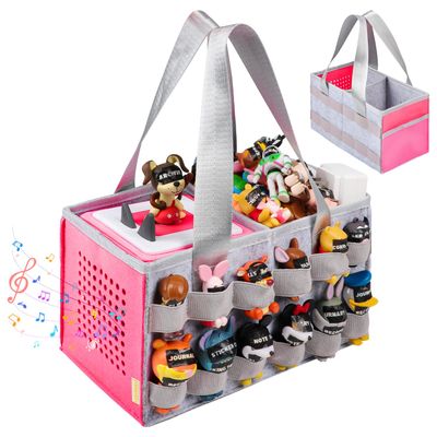 Partreko Carrying Case Compatible with Tonies Box with Audio Position, Portable Travel Storage Bag for Tonies Figures with 24 Elastic Strap, Soft Felt Organizer Case for Toniebox Accessories Gray&Pink