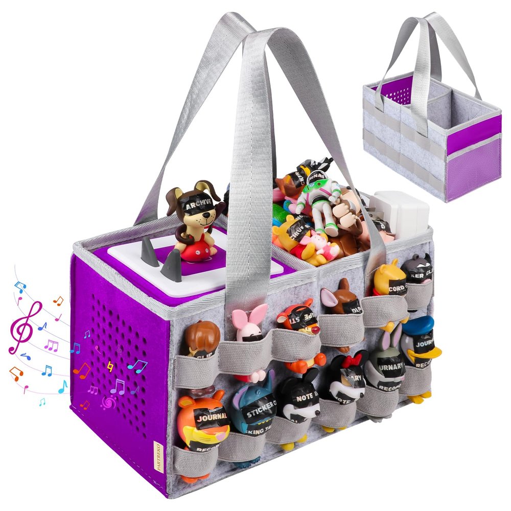 Partreko Carrying Case Compatible with Tonies Box with Audio Position, Travel Storage Bag for Tonies Figures with 24 Elastic Strap, Soft Felt Organizer Case for Toniebox Accessories Gray&Purple