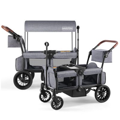 HARPPA All-Terrain Wagon Stroller for 2 Kids, Foldable Outdoor & Beach Stroller Wagon with Removable Canopy, Adjustable Push & Pull Handle, Footwell & Large Storage, Grey