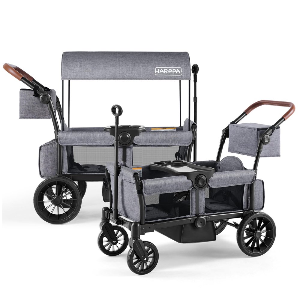 HARPPA All-Terrain Wagon Stroller for 2 Kids, Foldable Outdoor & Beach Stroller Wagon with Removable Canopy, Adjustable Push & Pull Handle, Footwell & Large Storage, Grey