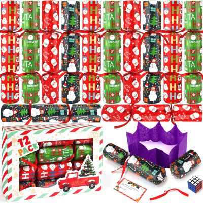 12 Pack Christmas No-Snap Party Table Favors, Christmas Themed Holiday Supplies with Party Hat, Joke & Little Gift Inside for Kids and Adults, Xmas Gift, Holiday Party Supplies for Dinner Tables