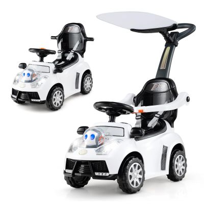 Costzon Push Car for Toddlers, 3 in 1 Stroller Sliding Walking Car with Handle, Canopy, Seat Belt, Horn, Music & Lights, Under-Seat Storage, Guardrail, Foot-to-Floor Ride On Toy for Boys Girls (White)