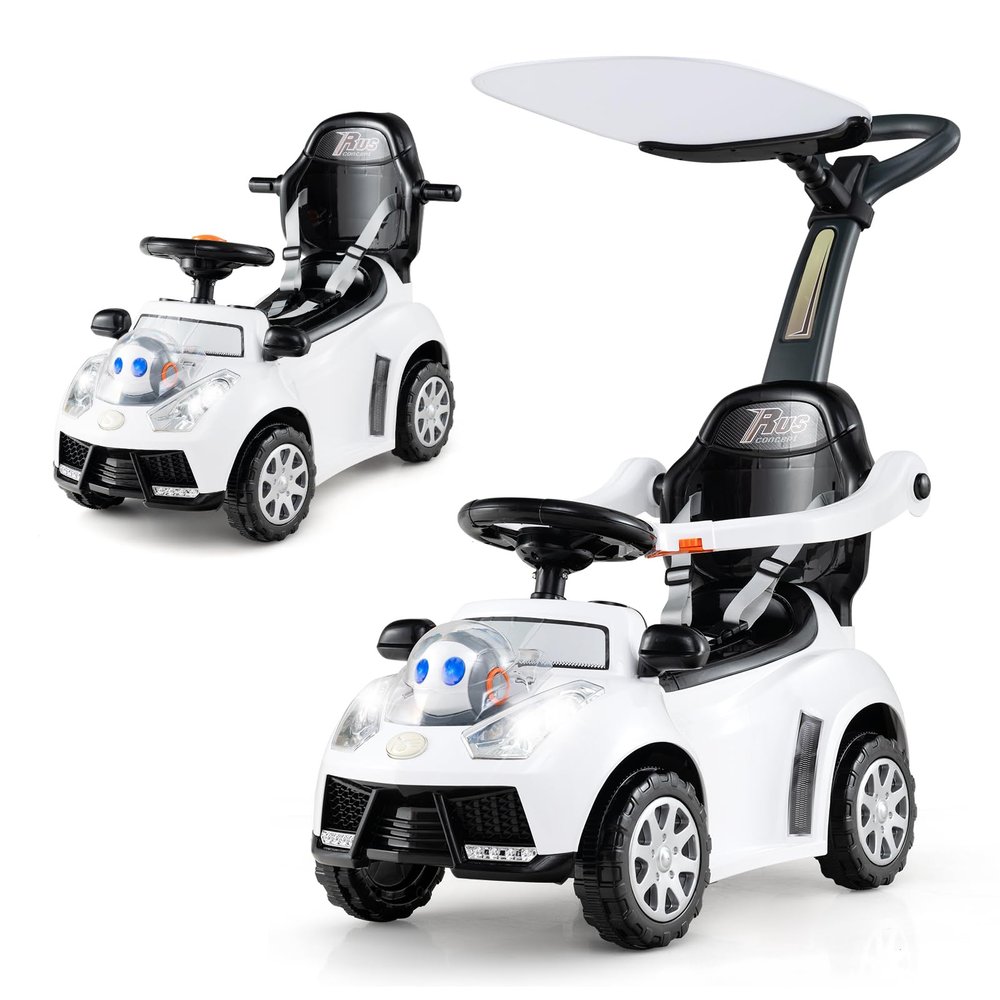 Costzon Push Car for Toddlers, 3 in 1 Stroller Sliding Walking Car with Handle, Canopy, Seat Belt, Horn, Music & Lights, Under-Seat Storage, Guardrail, Foot-to-Floor Ride On Toy for Boys Girls (White)
