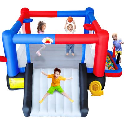 WELLFUNTIME Inflatable Bounce House with Slide, 160 x 138 x 60 Inch Bouncer with Air Blower, 7 in 1 Jumping Castle for 4 Kids, Ball Pit, 2 Basketball Hoops, Ringtoss, Dartboard