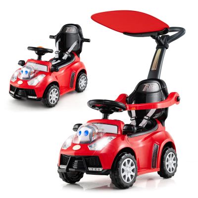 Costzon Push Car for Toddlers, 3 in 1 Stroller Sliding Walking Car with Handle, Canopy, Seat Belt, Horn, Music & Lights, Under-Seat Storage, Guardrail, Foot-to-Floor Ride On Toy for Boys Girls (Red)