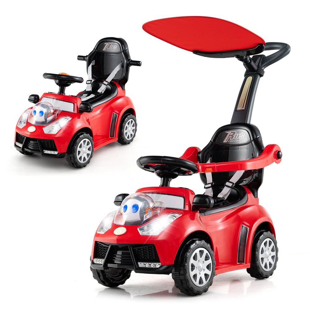 Costzon Push Car for Toddlers, 3 in 1 Stroller Sliding Walking Car with Handle, Canopy, Seat Belt, Horn, Music & Lights, Under-Seat Storage, Guardrail, Foot-to-Floor Ride On Toy for Boys Girls (Red)