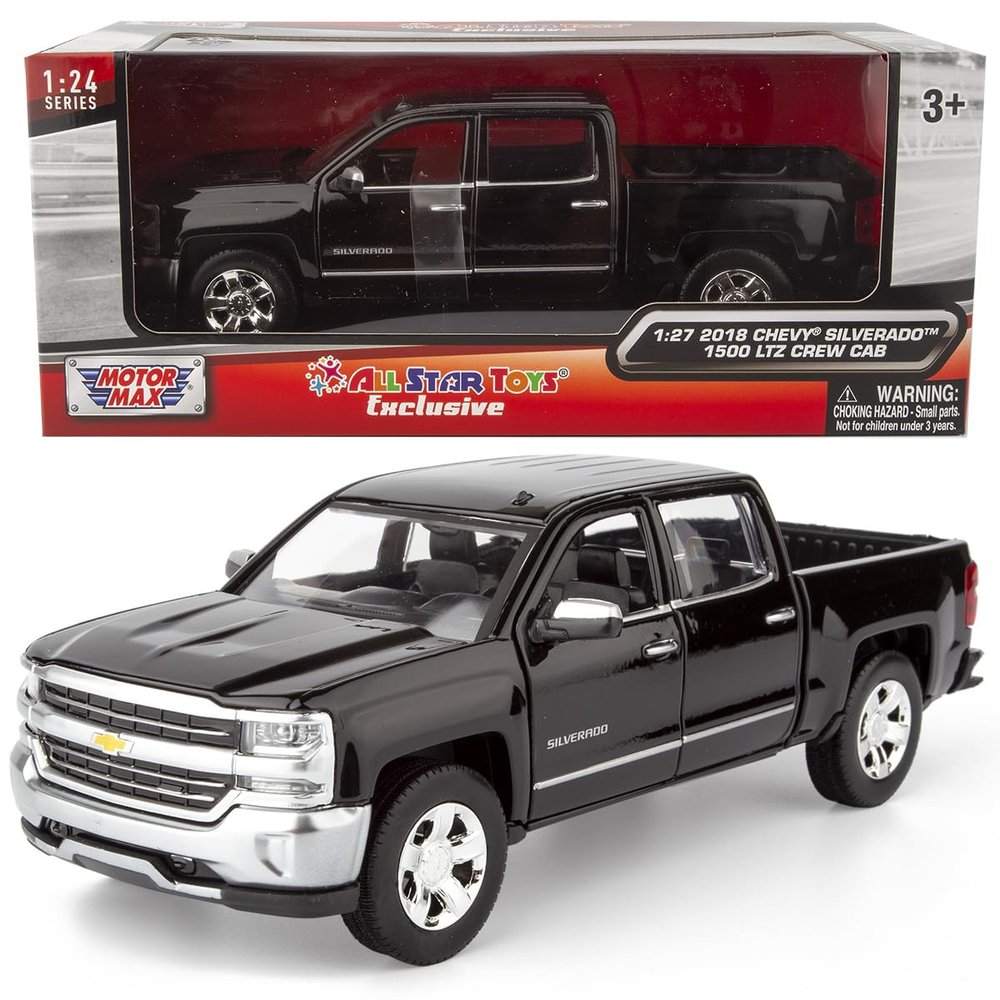 All Star Toys Exclusive 2018 Chevy Silverado 1500 LTZ Crew Cab Black with Chrome Trim 1:27 Diecast Model Motormax 79353