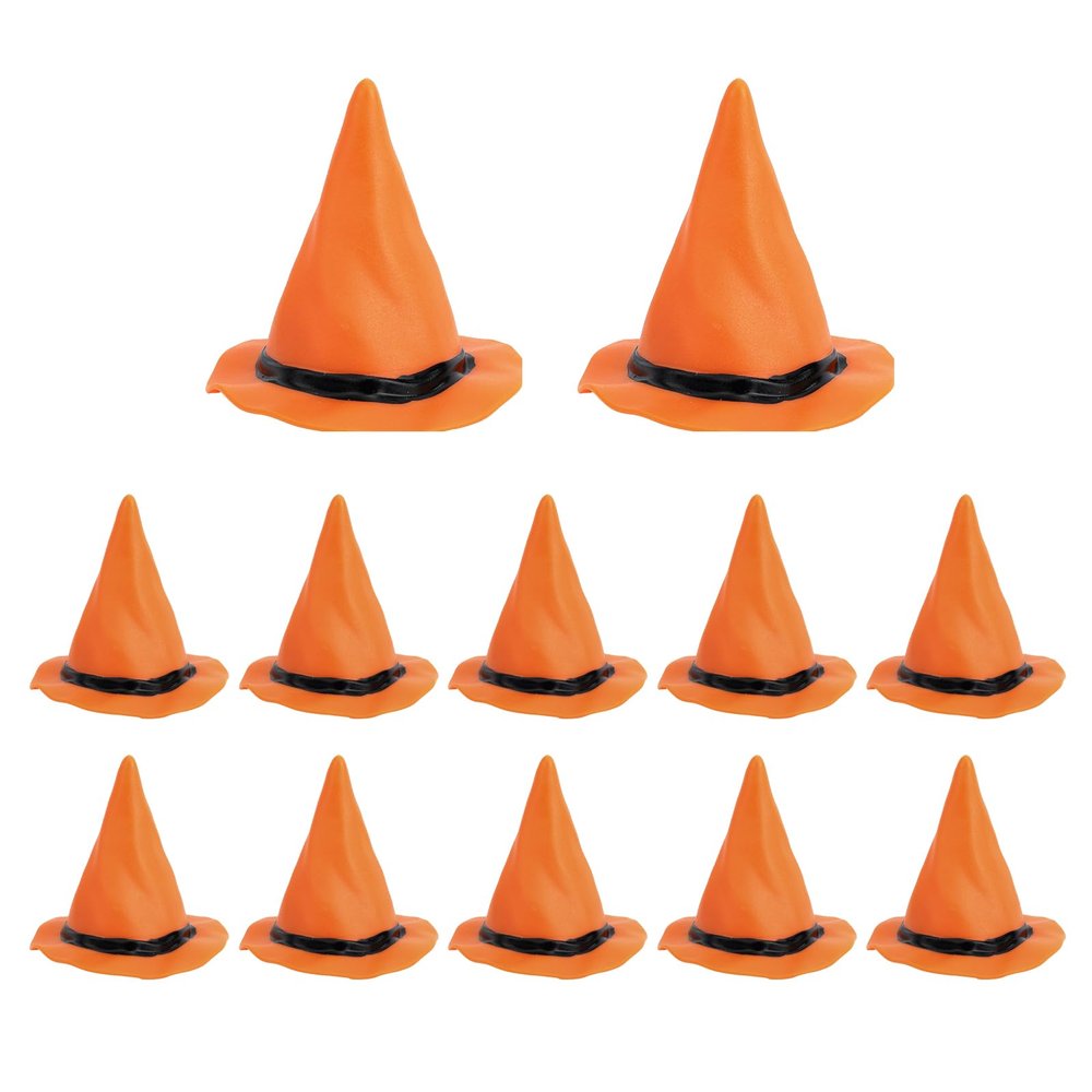 12pcs Plastic Miniature Witch Hats, Mini Small Wizard Hat Ornament Tiny Halloween Dollhouse Miniatures for Haunted House Decor DIY Crafts Cake Toppers Doll Halloween Party Supplies (Orange)