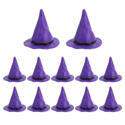 12pcs Plastic Miniature Witch Hats, Mini Small Wizard Hat Ornament Tiny Halloween Dollhouse Miniatures for Haunted House Decor DIY Crafts Cake Toppers Doll Halloween Party Supplies (Purple)