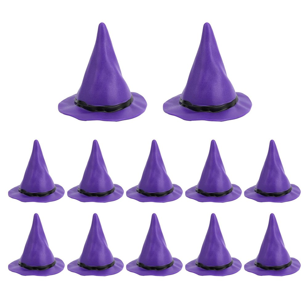 12pcs Plastic Miniature Witch Hats, Mini Small Wizard Hat Ornament Tiny Halloween Dollhouse Miniatures for Haunted House Decor DIY Crafts Cake Toppers Doll Halloween Party Supplies (Purple)