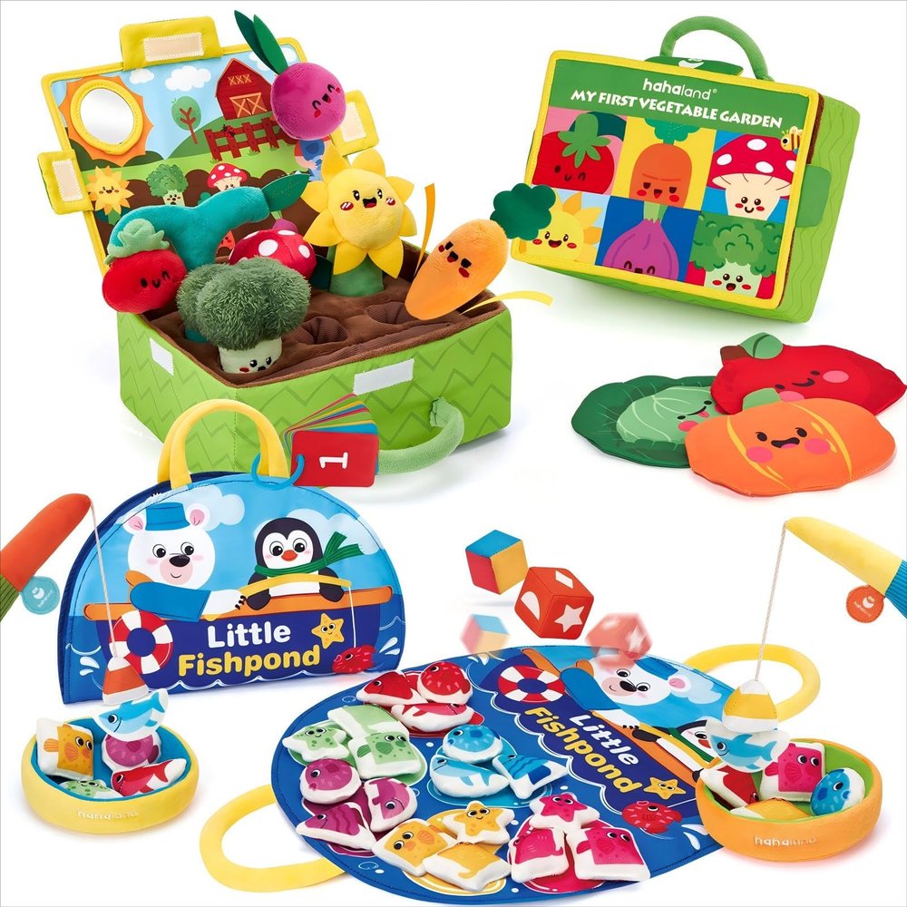 hahaland Baby Toys 6-12 Months - Fruits Vegetables Garden Plant Plush and Montessori Toys for 2 Year Old - Fishing Game for Toddlers 1-3