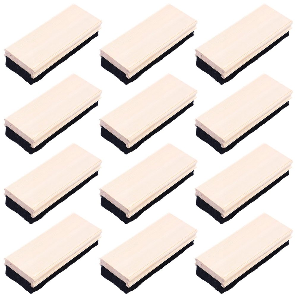 12 Chalkboard Erasers, Rectangular Wooden Design, Black Felt Base, Ideal for Office Or Classroom, and Efficient