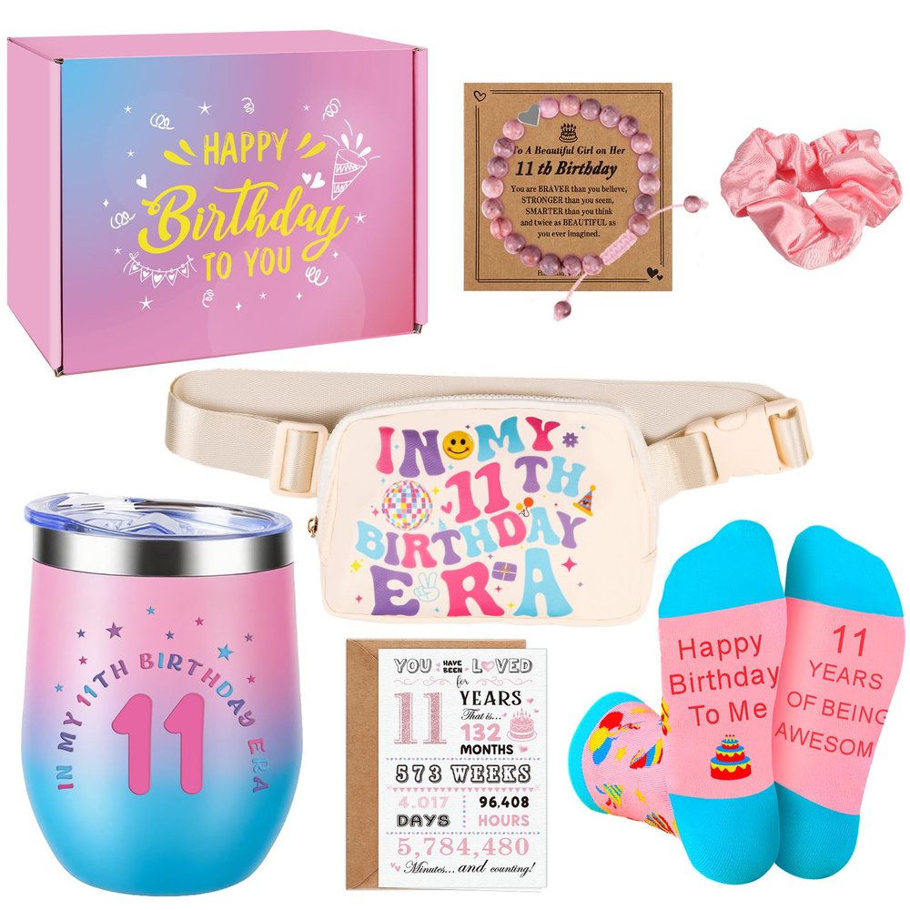 11 Year Old Girl Birthday Gifts, Gifts for 11 Year Old Girl 11th Birthday Gift for Girls, Tween Gift Set with Tumbler, Bracelet, Socks, Scrunchie, Fanny Pack for Daughter, Sister, Niece, Preteen