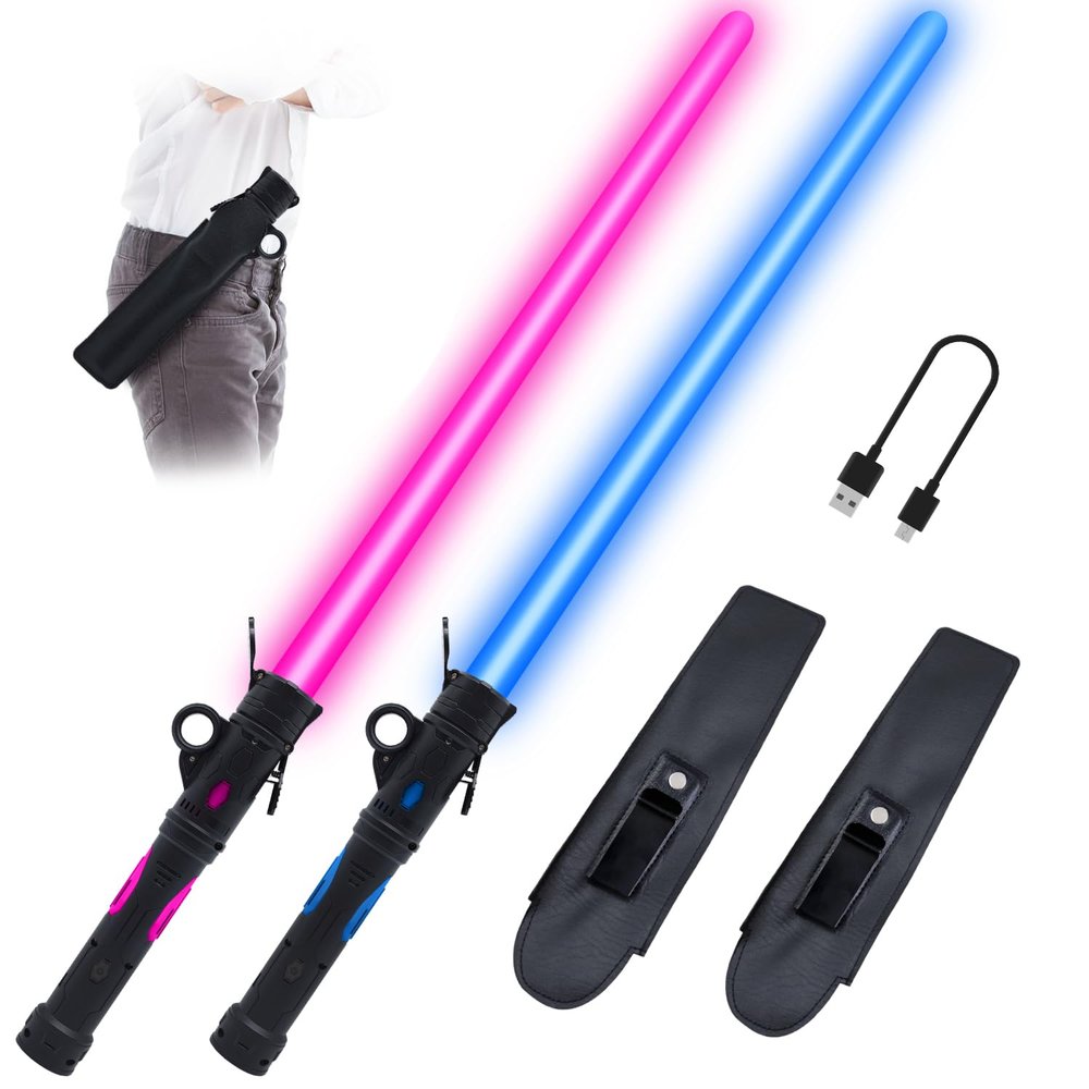 Light Sword Toy for Kids, Rechargeable Light Sword Set , 2 Pack LED Dual Light Sabers with Belt Clip for Galaxy War Fighter Warriors, Halloween Dress Up Party Kid Gift, Christmas Birthday Present