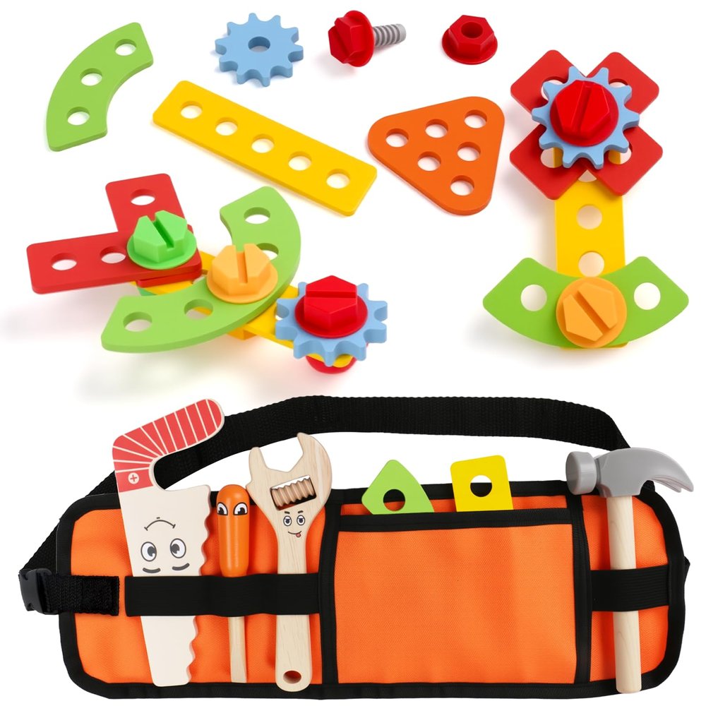 Kids Tool Set with Tool Belt - 20 Pcs Wooden Montessori Educational STEM Toys for 2 3 Year Old Boys Girls Birthday Gift Toddler Pretend Play Early Construction Kit