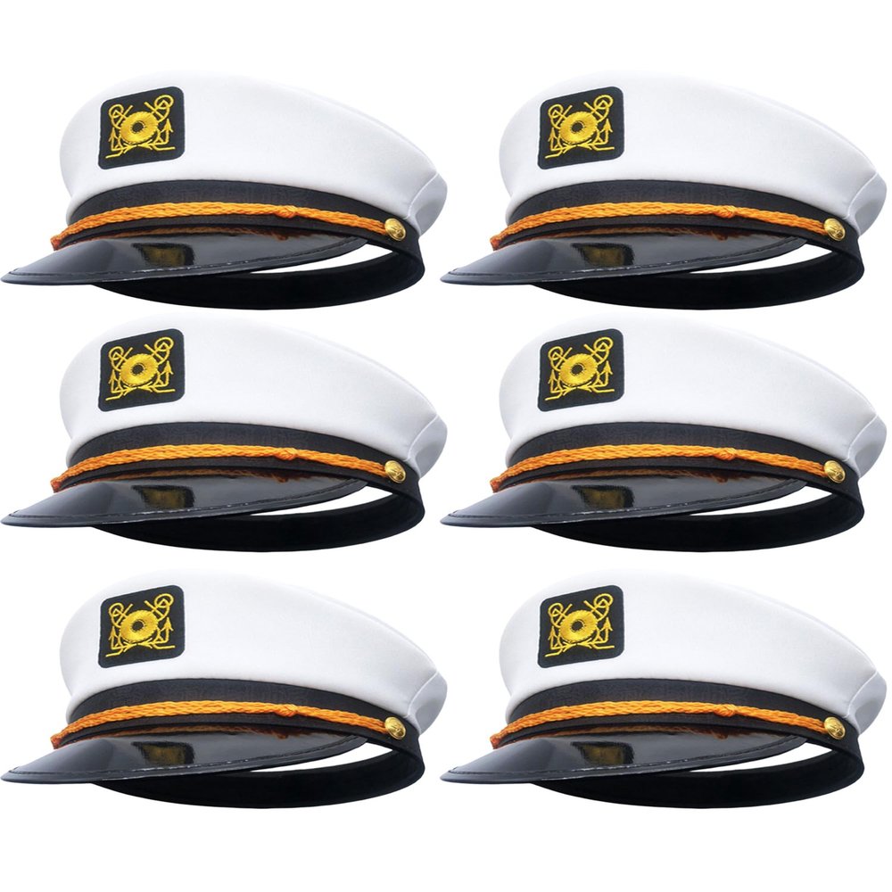 6 Pcs White Captain Hats Adjustable Yacht Sailor Hat Boat Navy Captain Cap Marine Admiral Party Hat for Adult Halloween Cosplay Accessories
