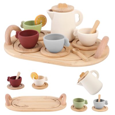 Tea Party Set, 14pcs Wooden Tea Party Set: Magical Role-Play Fun with Safety & Learning, Ideal Gift for Halloween, Christmas, Birthday for Little Girls Over 36 Mouths