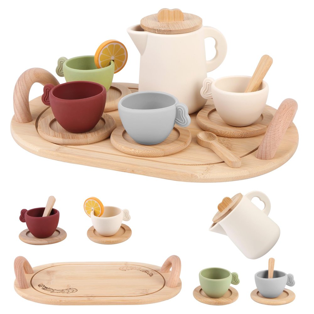 Tea Party Set, 14pcs Wooden Tea Party Set: Magical Role-Play Fun with Safety & Learning, Ideal Gift for Halloween, Christmas, Birthday for Little Girls Over 36 Mouths