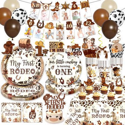 180 PCS My First Rodeo Decorations Boy, First Rodeo Birthday Decorations Tableware Set with Banner Cake Topper Cupcake Toppers Tablecloths Plates Napkins Balloons for 1st Birthday Boy Decorations
