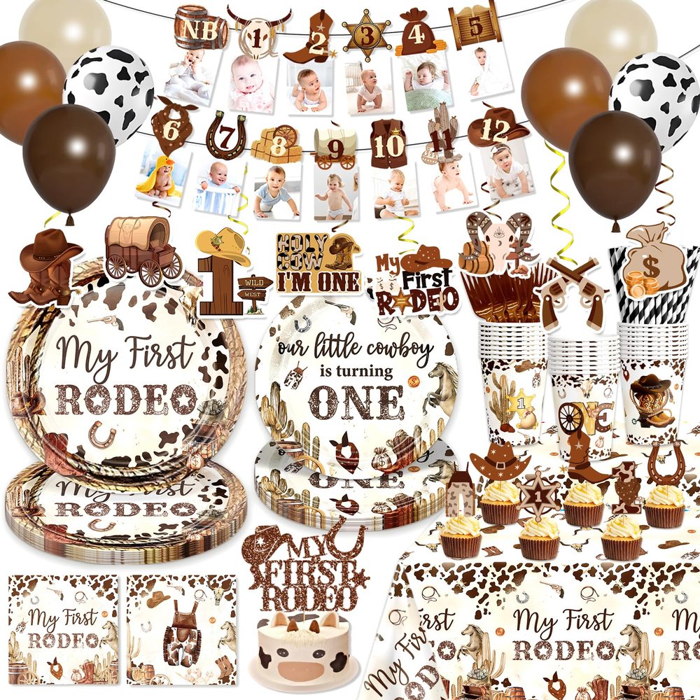 180 PCS My First Rodeo Decorations Boy, First Rodeo Birthday Decorations Tableware Set with Banner Cake Topper Cupcake Toppers Tablecloths Plates Napkins Balloons for 1st Birthday Boy Decorations