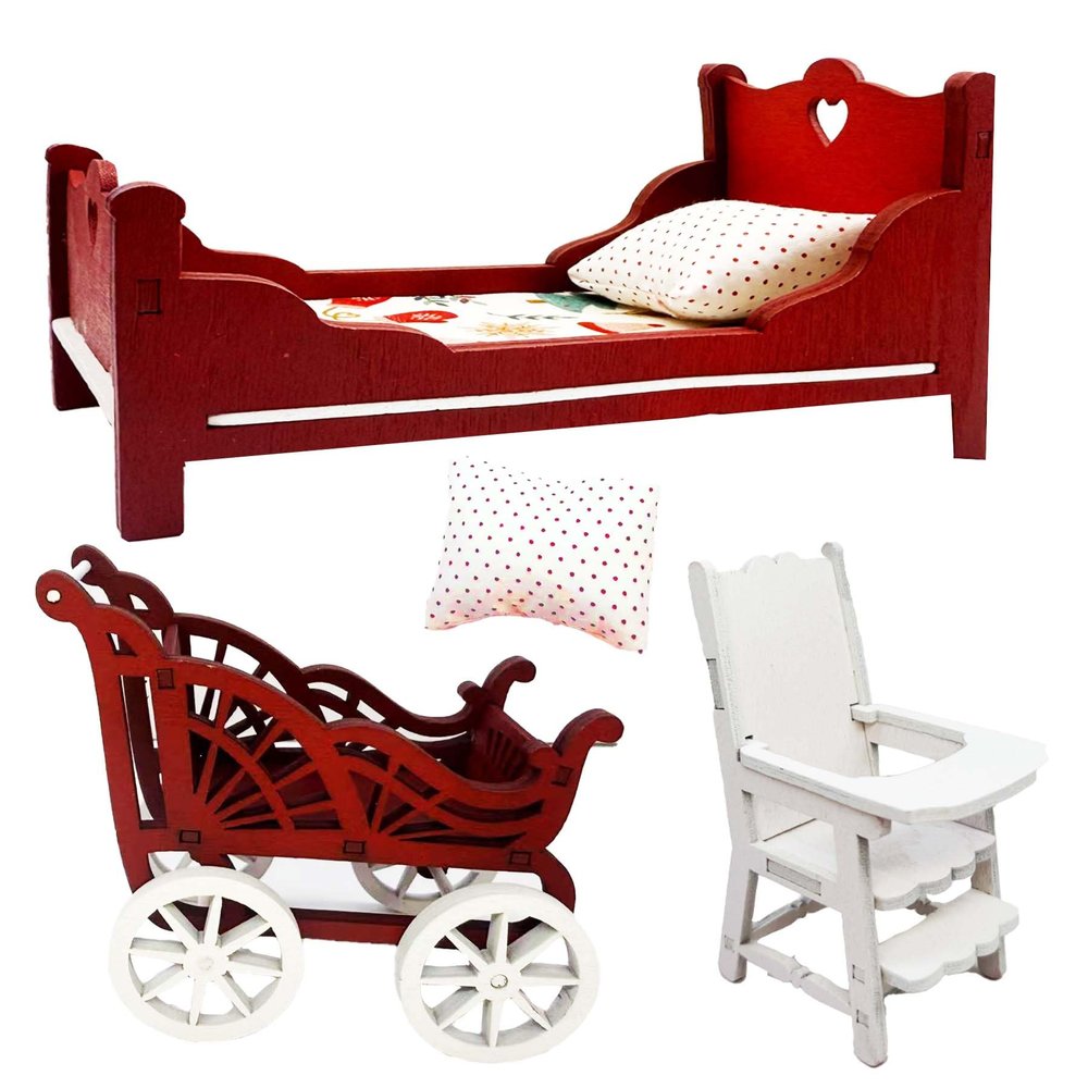 Miniature Dollhouse Furniture Set, Red and White Wooden Dollhouse Room Accessories with Bed, Chair, Carriage, 1/12 Scale, 5 Piece Holiday Decor (5)