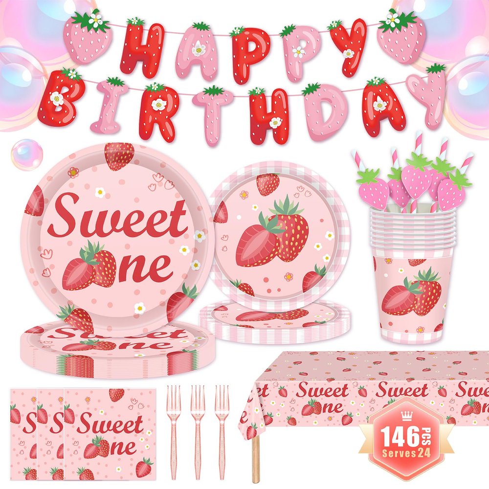 146Pcs Strawberry Plates and Napkins strawberry Party Supplies Includes Plates, Napkin, Fork, Cup, Straw, Tablecloth, Banner for Baby Shower Birthday Party Decorations, Serves 24 (Strawberry)