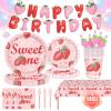 146Pcs Strawberry Plates and Napkins strawberry Party Supplies Includes Plates, Napkin, Fork, Cup, Straw, Tablecloth, Banner for Baby Shower Birthday Party Decorations, Serves 24 (Strawberry) view 1