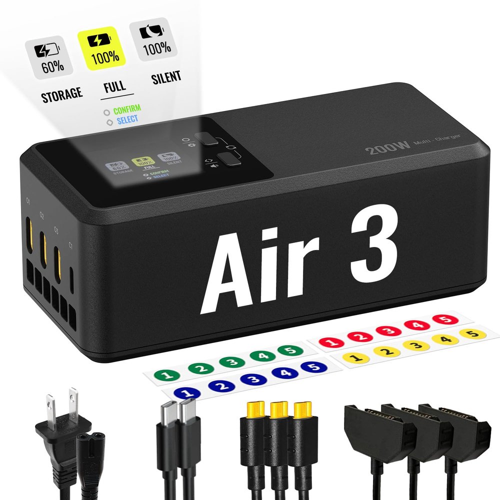 LKTOP 200W Air 3/Air 3S Parallel Charging Hub Fast Battey Charger Kit for DJI/Specta Air3 Series Drone Accessories with Stickers, Storage/Silent/Output Mode LCD Screen (Charge 3 Batteries: 1hr 10min)