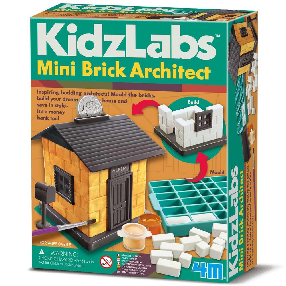 4M KidzLabs Mini Brick Architect (1 Pc.) - Creative Mini House Building & Money Bank Kit - Perfect STEM Learning, Architecture Play & Kids Projects