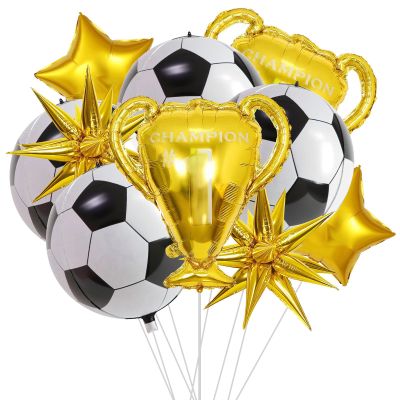 10 Pcs 4D Sphere Soccer Balloons Set with Golden Championship Trophy & Star Burst Balloon - Soccer Party Decorations for World Cup Parties, Sports Theme Birthday, Football Fans Party Decoration Supply