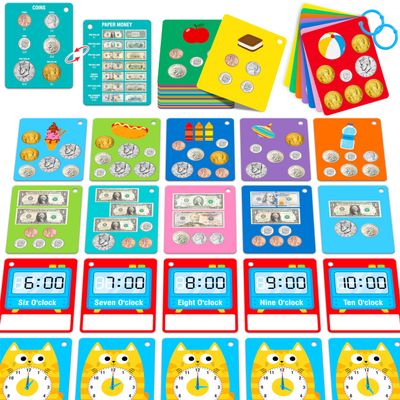 52 PCS Time & Money Flashcards, Double Sided Cognition Cards-Coin Value, Coin Combinations, Counting Coins, Telling Time, Reading Clocks, Learning Tool for Kids Ages 6+ Kindergarten Toddlers